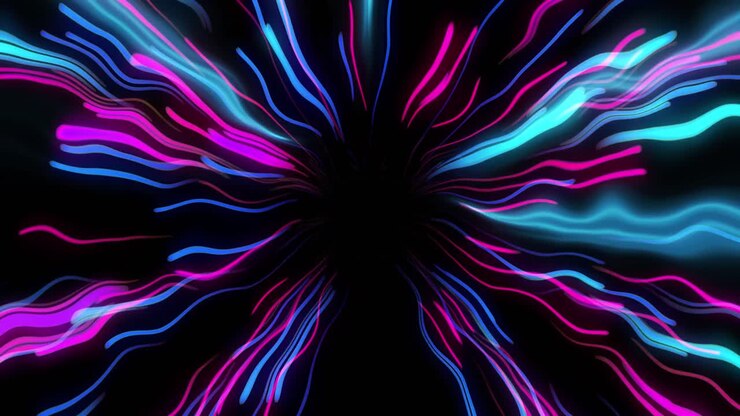 Animação de rastros de luz neon rosa e azul sobre fundo preto