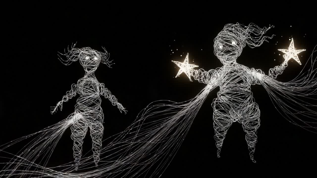 Whimsical Light Figures Dazzling the Night: Two Enchanting Characters Playfully Holding Stars with Flowing Light Trails in a Dreamlike Universe