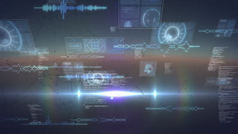 animación de radares, hélice de adn y lenguaje informático, puntos conectados contra un fondo abstracto.