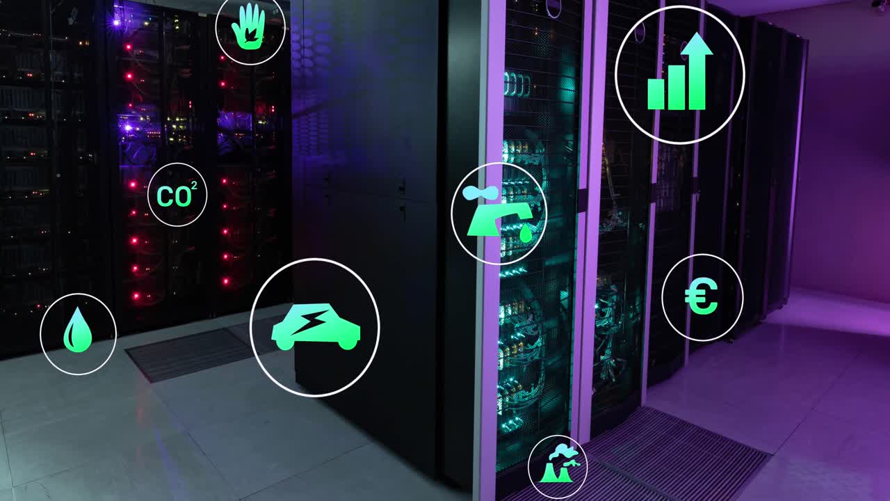 animación de iconos de tecnología verde que se mueven sobre bastidores de servidores de datos