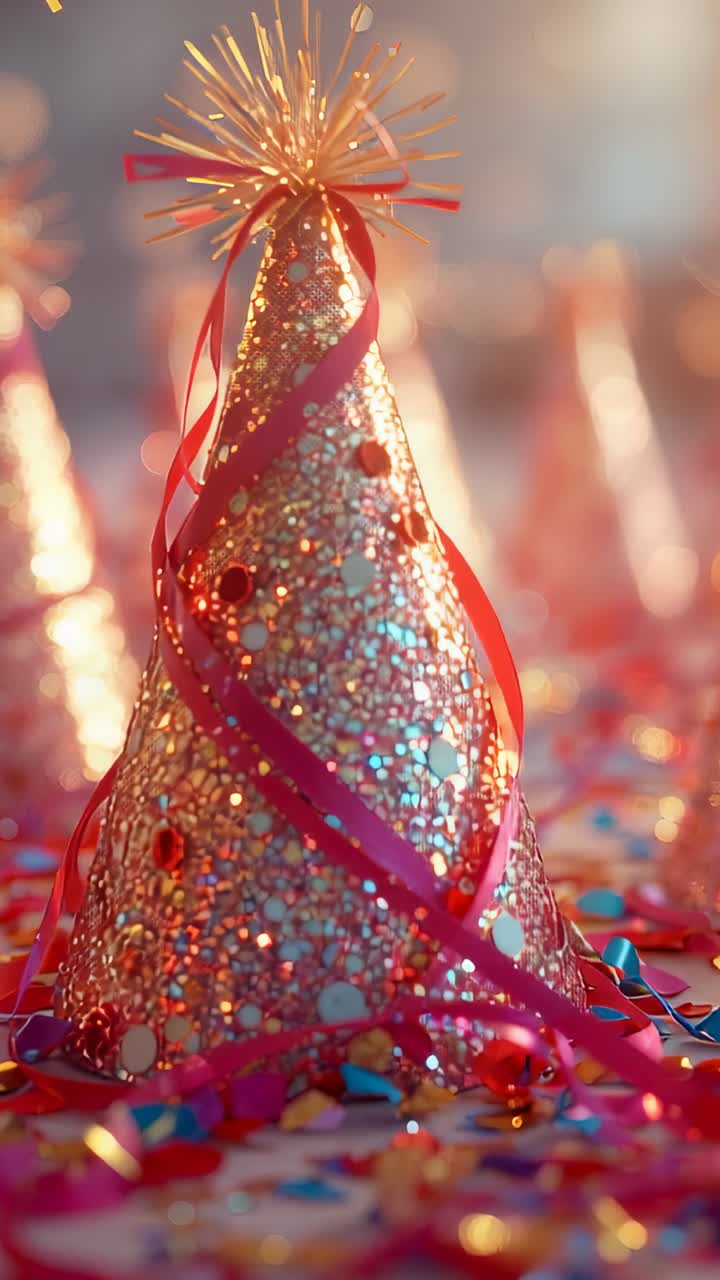 Vertikal video: Kameraet skifter fokus, hvilket får en glitter-partyhat til at funkle blandt bånd på bordpladen