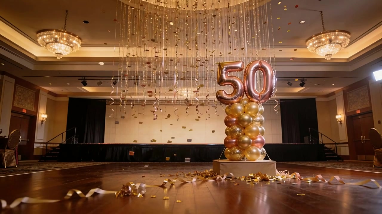 Coriandoli e nastri che fluttuano in una sala per il 50° anniversario, depositandosi attorno a una colonna con il numero 50 in lamina, spazio per il testo