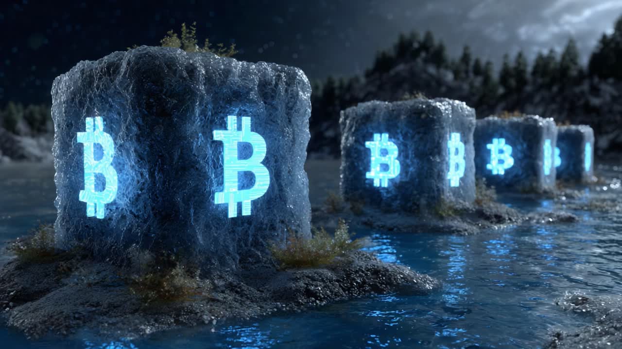 Frozen Digital Assets: A Creative Representation of Cryptocurrency in an Icy Landscape Highlighting the Concept of Bitcoin's Value in a Unique Artistic Form