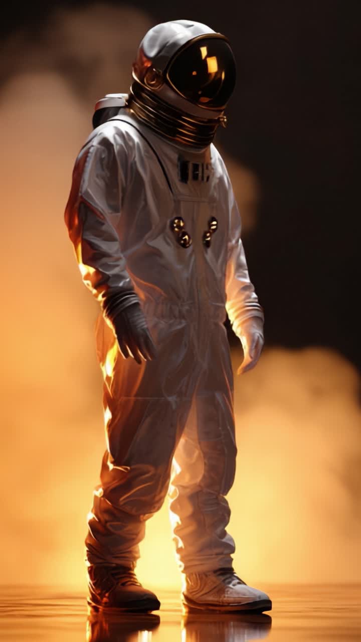 Astronaut i en futuristisk rumdragt står selvsikkert midt i en dramatisk flammende baggrund, der fremkalder undere og mysterier ved udforskningen af det ydre rum.