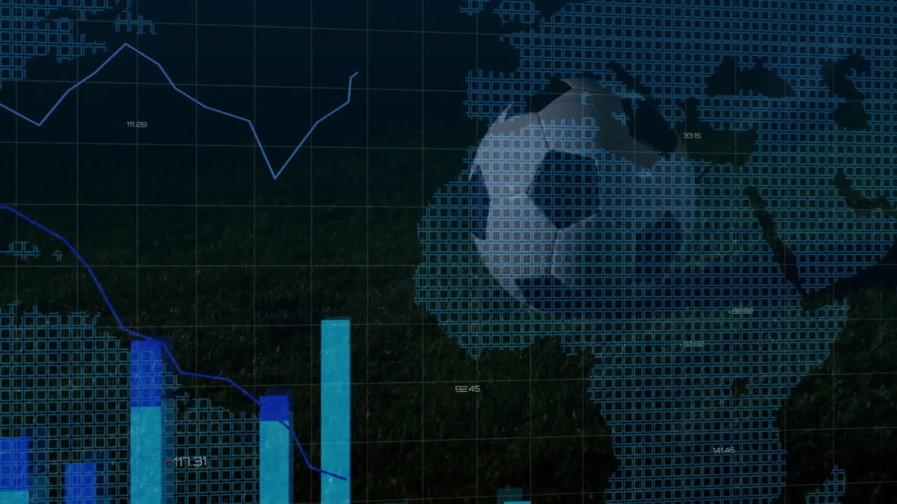 Graph and bar chart data processing animation over soccer ball and world map