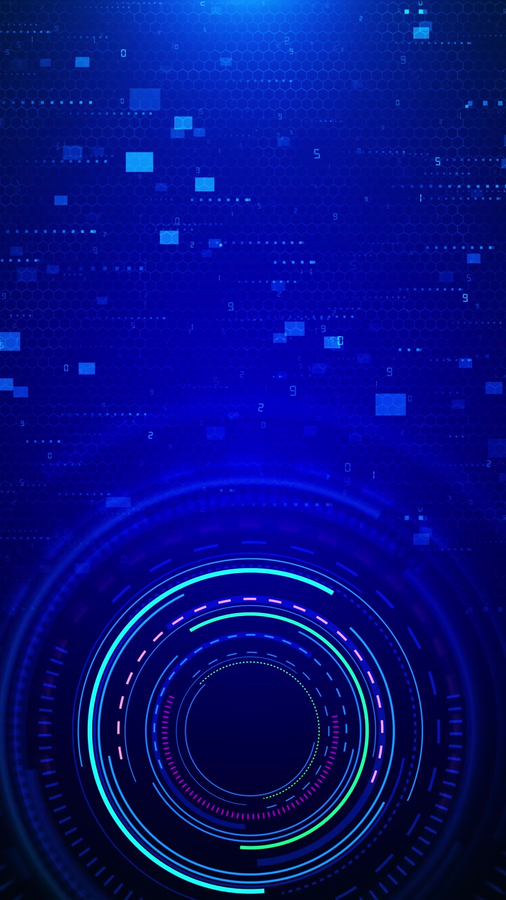 Interfaccia dati blu futuristica, anelli HUD circolari, trama a griglia, blocchi quadrati, dettaglio di tecnologia cyber