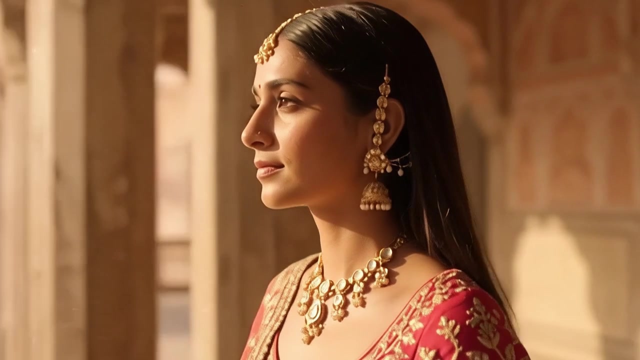 Donna indiana in lehenga tradizionale che cammina attraverso un palazzo storico