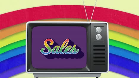 animation of retro sales rainbow text over vintage tv set and rainbow in the background