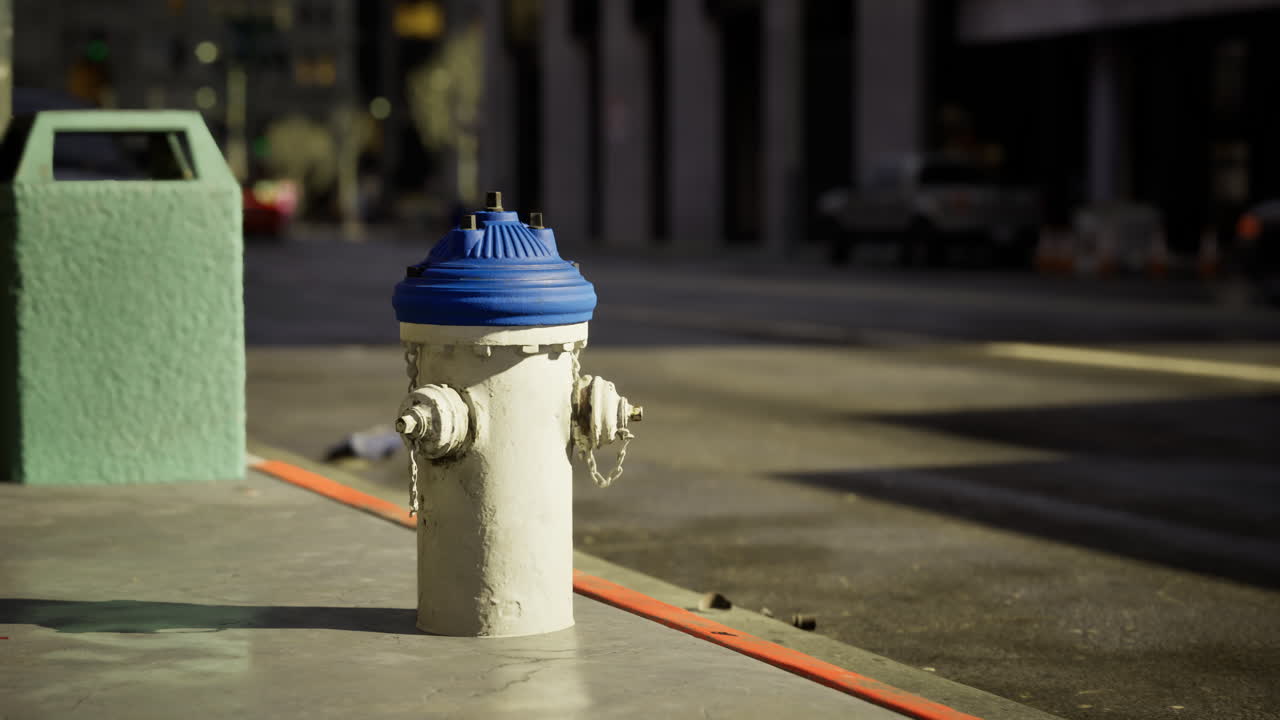 Blue topped hydrant by the sidewalk in an urban area