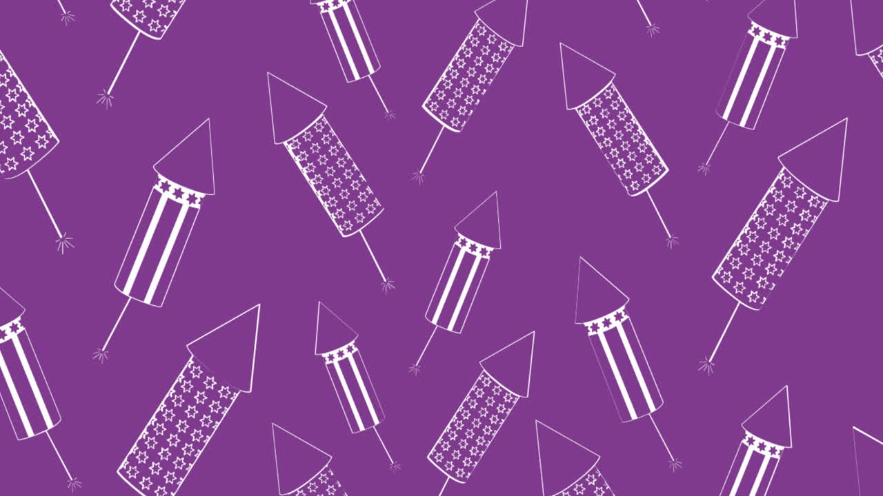 animación de fuegos artificiales de cohetes en blanco sobre fondo púrpura