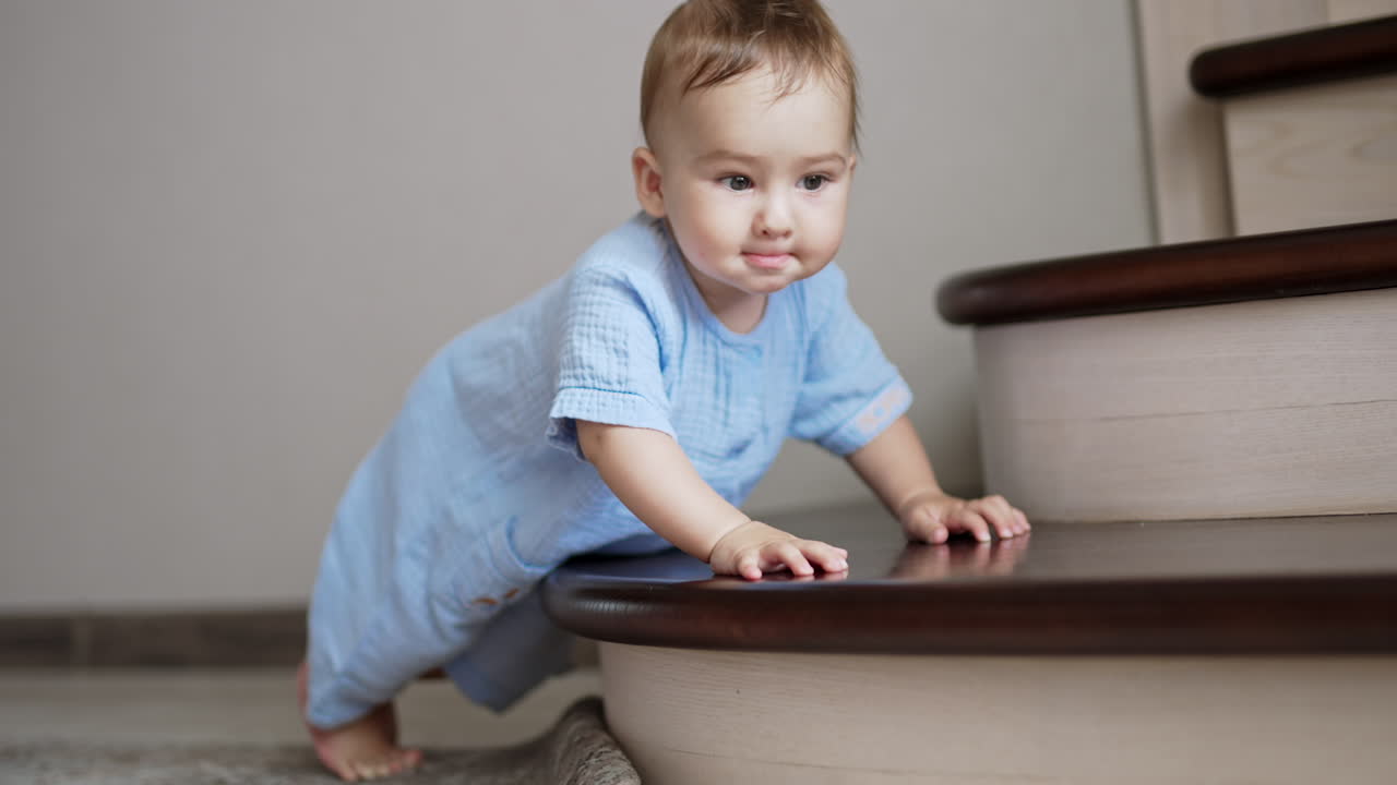 Thoughtful cute little toddler leaned on the stairs looking in front of him. Adorable child learning to stand up.