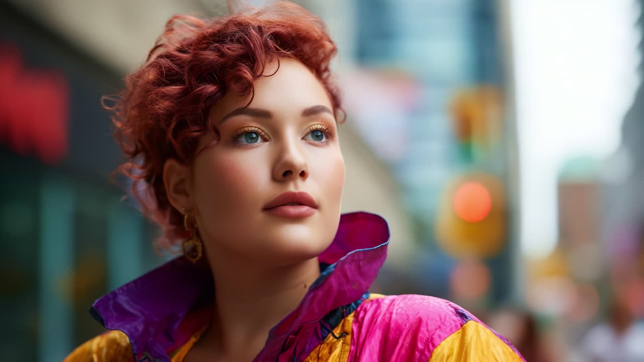 A confident woman with curly red hair dressed in a colorful jacket stands against an urban backdrop, exuding style, poise, and vibrant city life energy