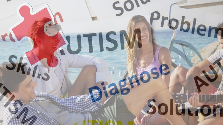 Animation of colourful puzzle pieces and autism text over happy friends at summer beach party