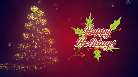 Animation-of-happy-christmas-over-stars-and-tree-on-red-background