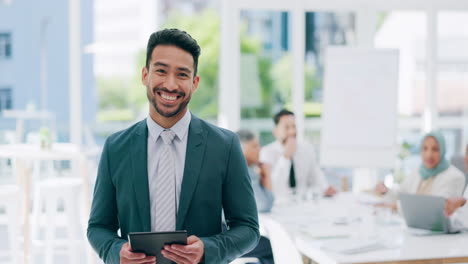 Asian-man,-tablet-and-happy-portrait-in-meeting