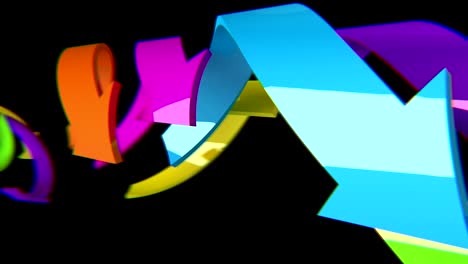 multicolored 3d arrows move on black background, cg animation, seamless loop