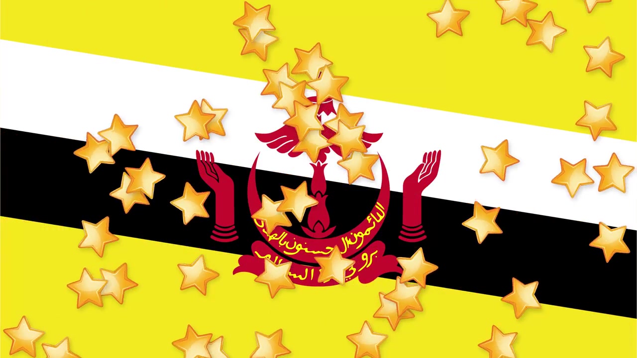 Bintang 3D emas berjatuhan terus-menerus dengan latar belakang bendera Brunei statis dan pencahayaan terang