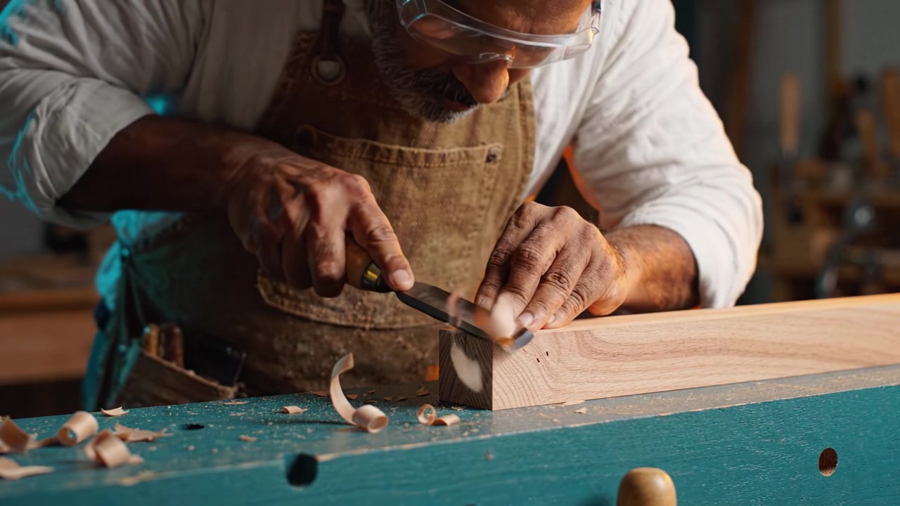 Craftsman Skillfully Carving Wood with Chisel in a Well-Equipped Workshop, Showcasing Techniques of Traditional Joinery and Attention to Detail.