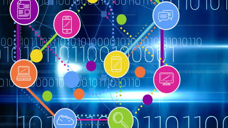 animation of network of connections with digital icons over binary coding in background