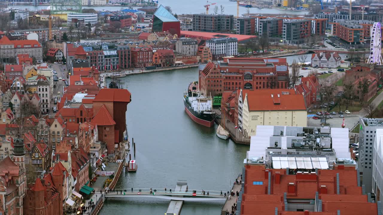 Gdansk Maritime Museum, Soldek Ship, Motlawa River waterfront, aerial