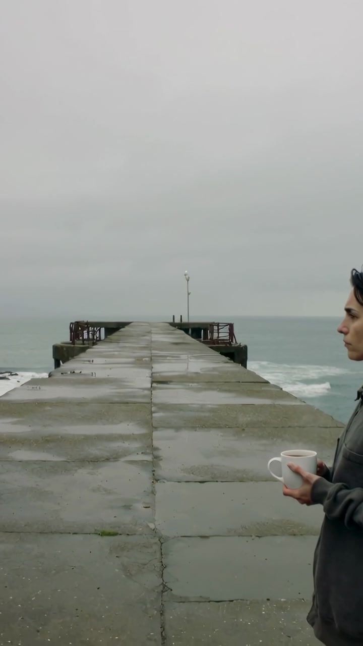 Vertical video: Opening showing lady in hoodie with mug watching on pier, copy space