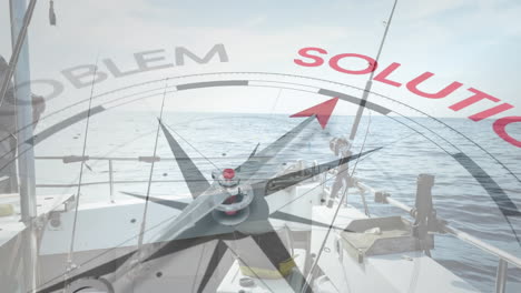 compass pointing from problem to solution animation over fishing boat on ocean