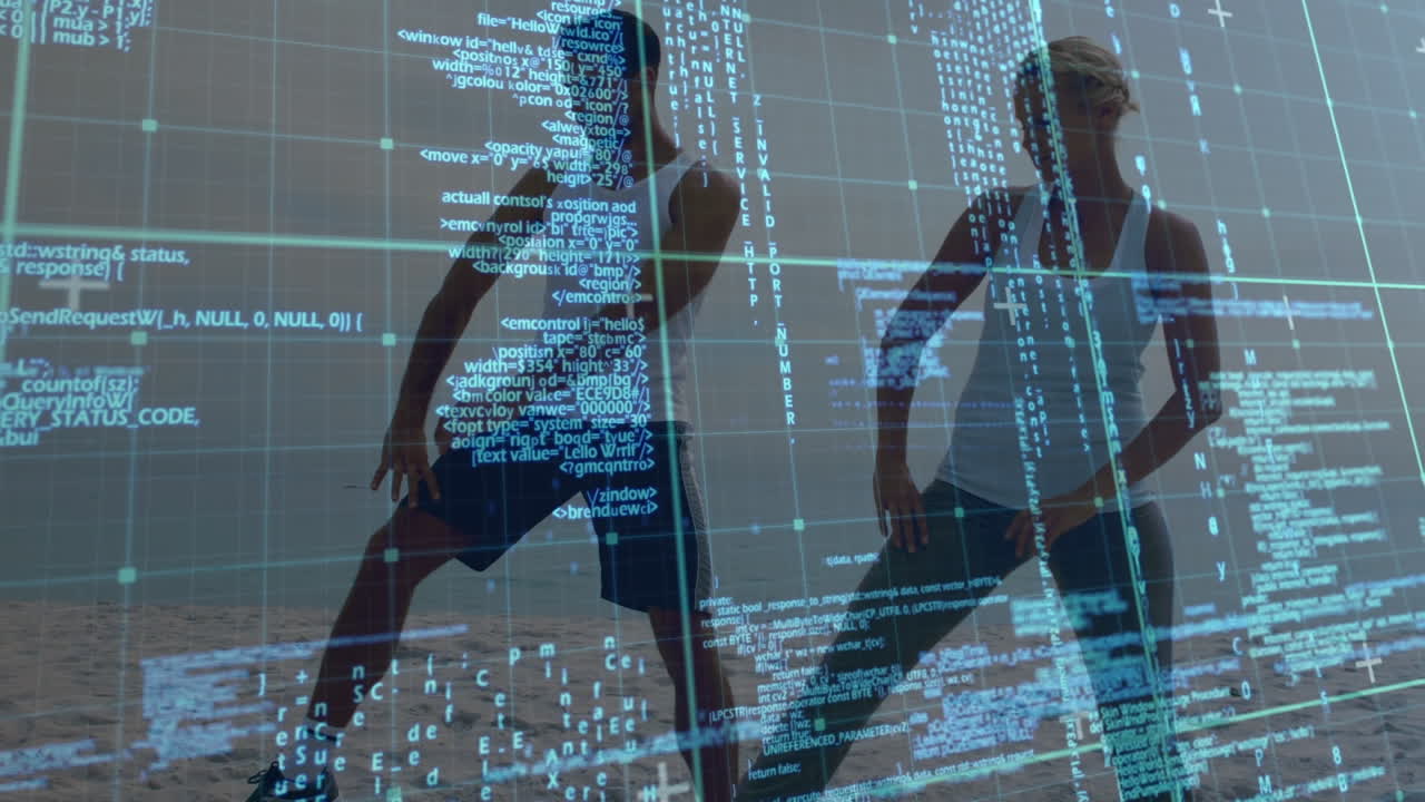 Animation of digital screen with data processing over caucasian woman and man practicing yoga