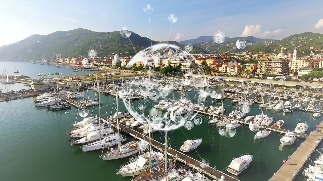 드론을 통한 연결 네트워크의 애니메이션과 항구를 통한 패 ⁇