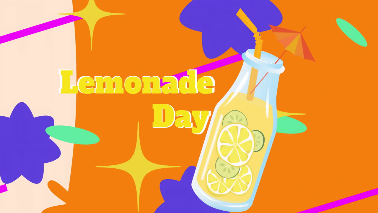 Lemonade Day text animation over colorful shapes and lemonade bottle with straw