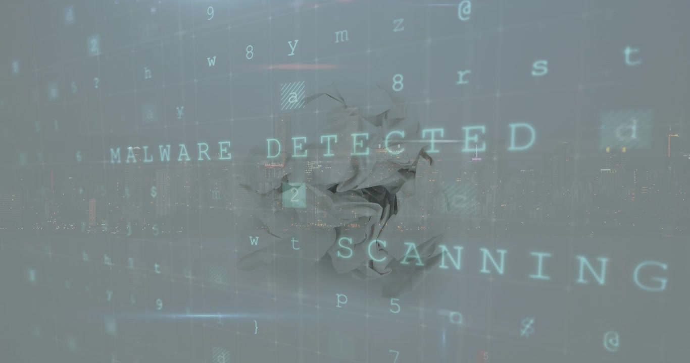 Animation af tal og malware over krøllet papir på hvid baggrund