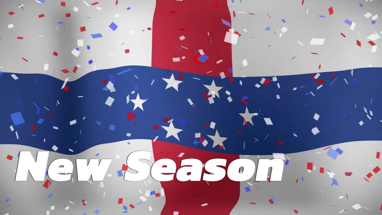 새로운 시즌 텍스트 애니메이션은 컨페티와 네덜란드 안레스의 발 위에 있습니다.