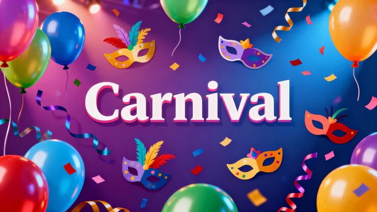 Starting animation showing Carnival title and masks shifting, spotlights and balloons celebrating