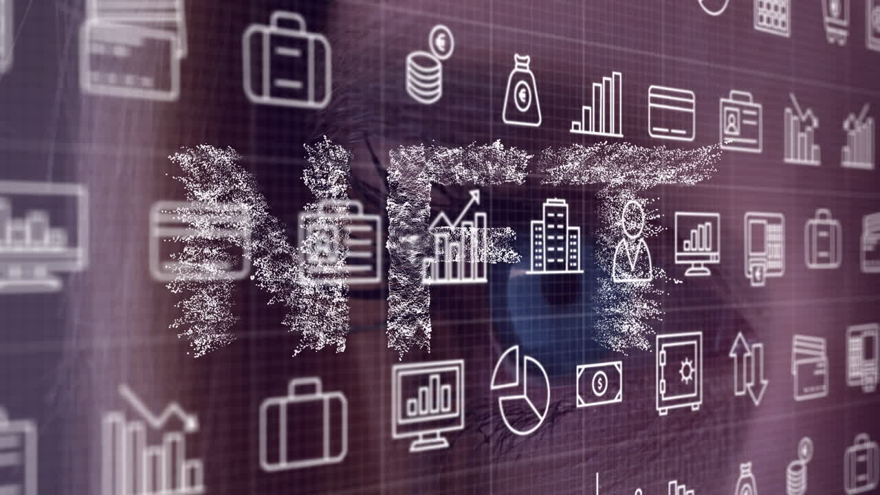 animación de iconos y texto nft en primer plano de una mujer caucásica