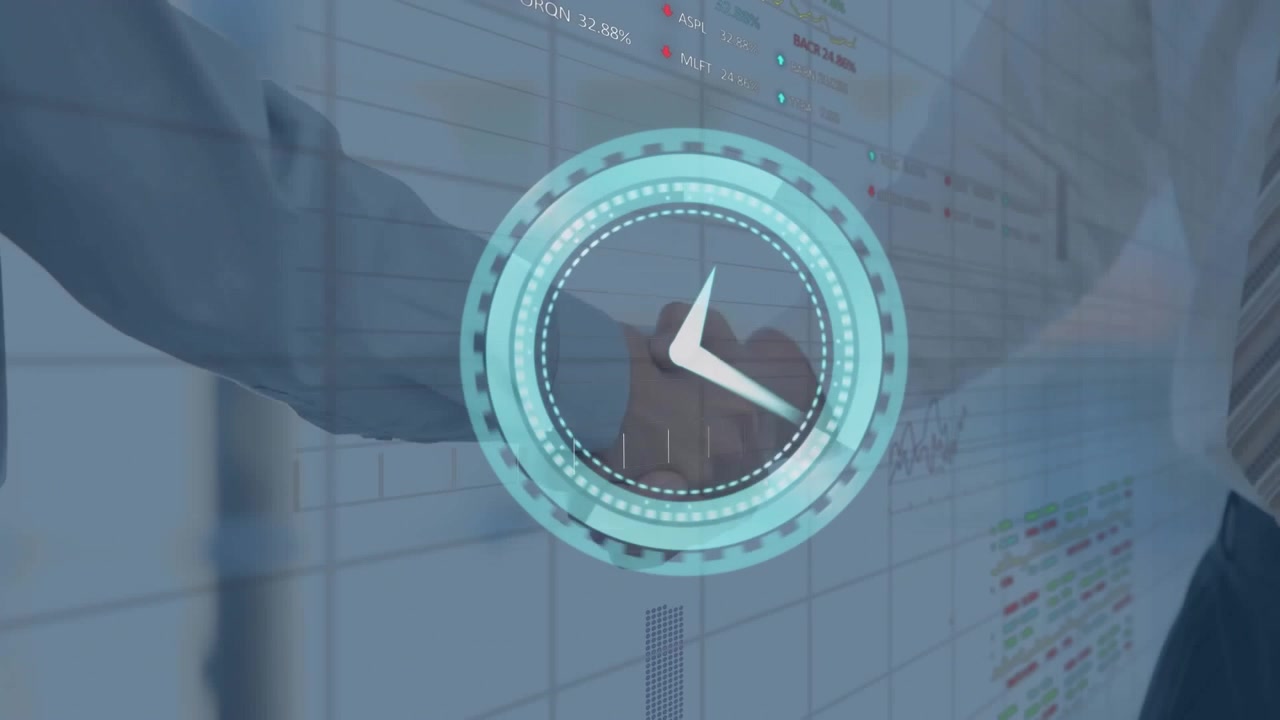 Animation of digital clock, trading board and graphs over caucasian entrepreneurs shaking hands