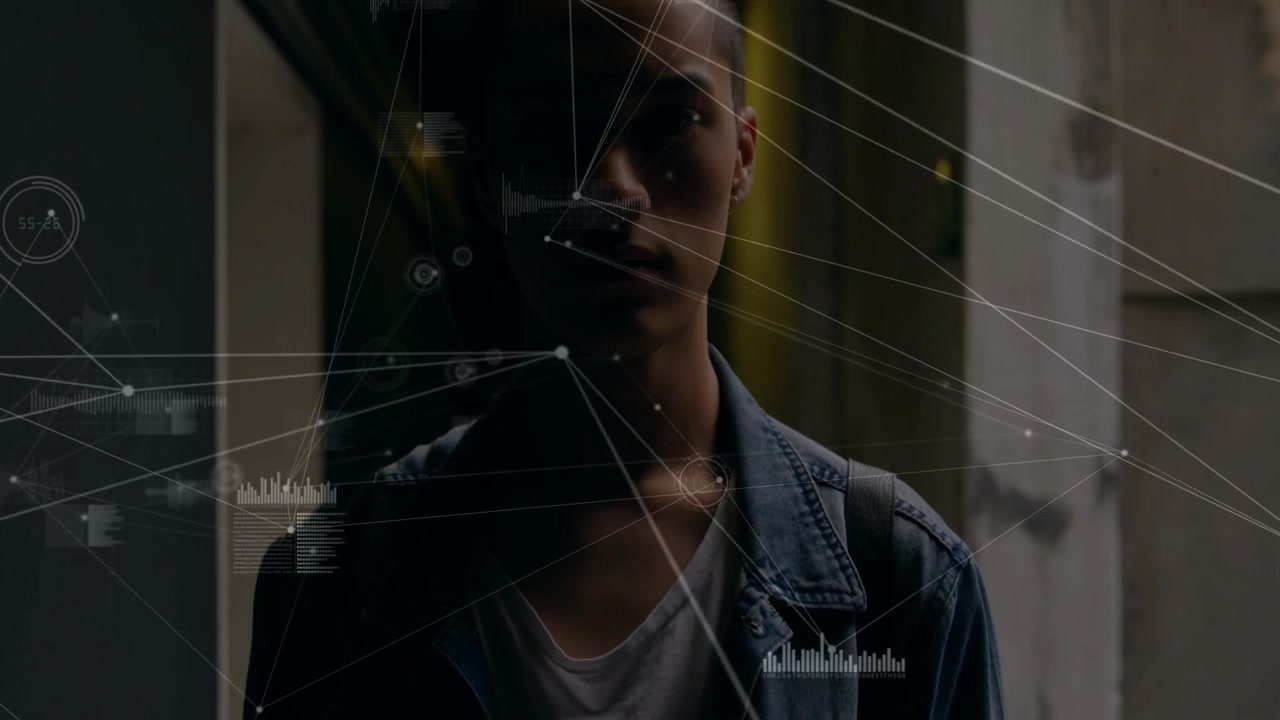 Male commuter standing entry, camera rising revealing face, HUD crisscrossing chest and face for AR