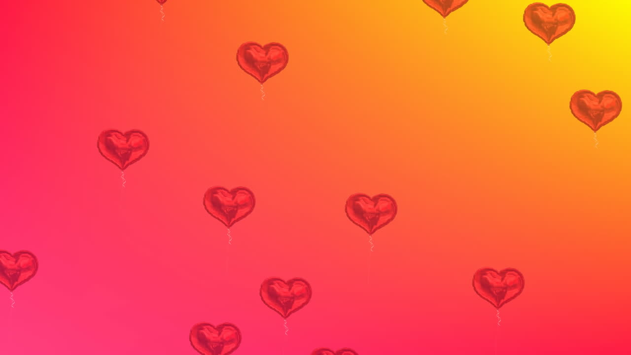 Animation of heart shapes flying on colourful background