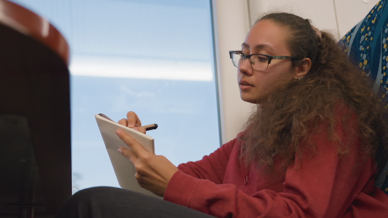 Student sketching notes on train seat, glasses and curly hair, red hoodie, pen poised over notebook, window light, focused expression, quiet carriage, passing scenery, daytime study routine