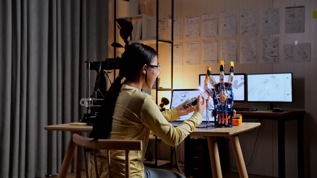 집에서 사이보그 손을 수리하는 동안 서을 들고 있는 아시아 소녀의 뒷면