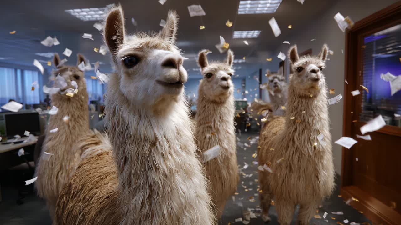 A Surreal Office Scene: Llamas Frolic Amidst Shredded Papers in a Contemporary Workspace, Creating a Whimsical Atmosphere with Their Playful Interactions and Unlikely Presence, Captured in Dynamic Frames