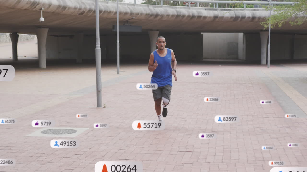 Animation of notification bars over african american handicap man running wearing headphone