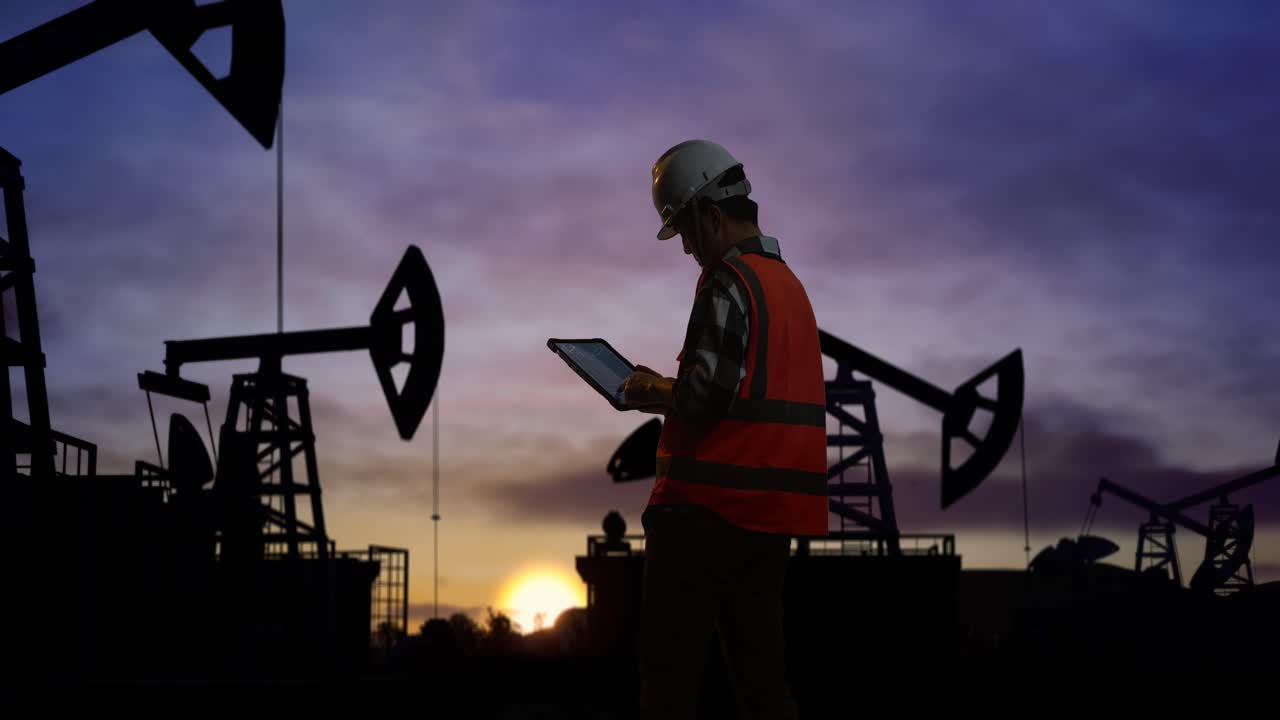 vista trasera de un ingeniero masculino asiático con casco de seguridad mirando el plano de la turbina eólica en una tableta mientras está de pie frente a las bombas de petróleo, durante la puesta o salida del sol