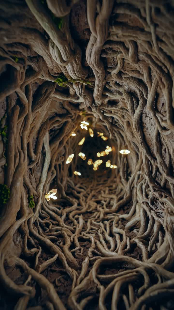 Enchanted Root Tunnel with Glowing Lights