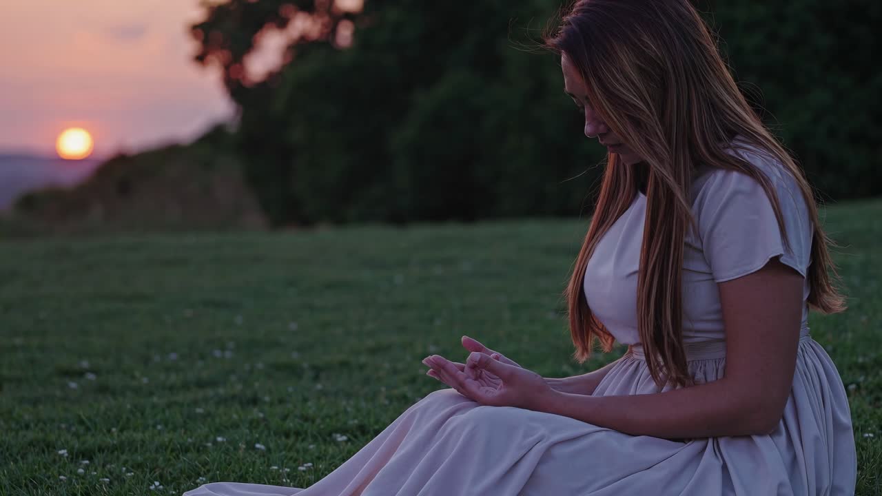 해가 지는 동안 들판에 앉아 있는 여자