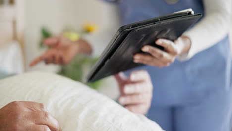 nurse, tablet and senior man sign contract