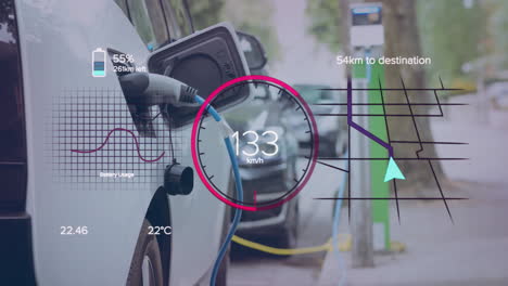 animation of eco icons and data processing over electric car charging
