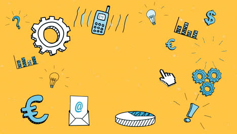 animación de iconos de negocios y medios dibujados sobre fondo amarillo