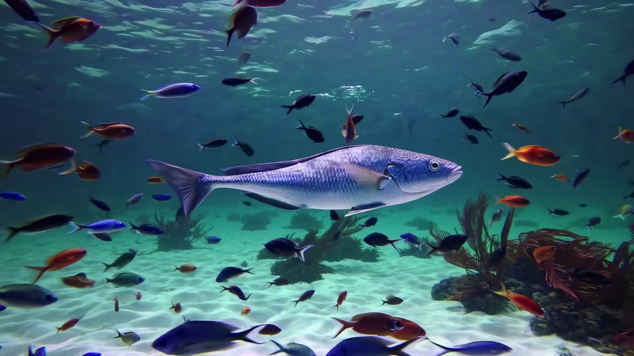 Underwater video captures vibrant fish swimming over sandy ocean floor