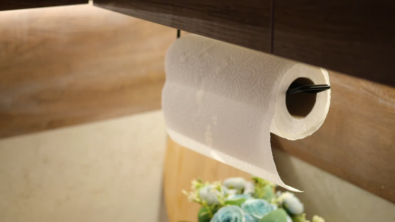 mujer usando toallas de papel en la cocina