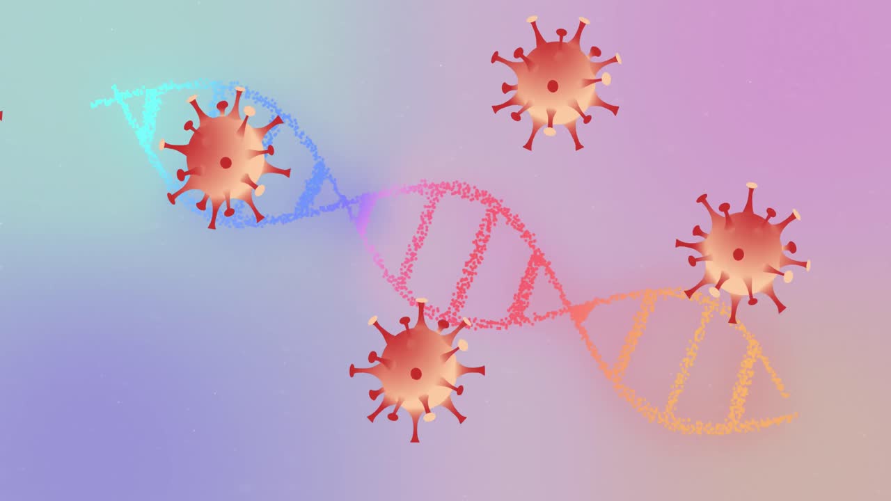 Animation af covid 19-celler der bevæger sig og en DNA-streng der snurrer rundt