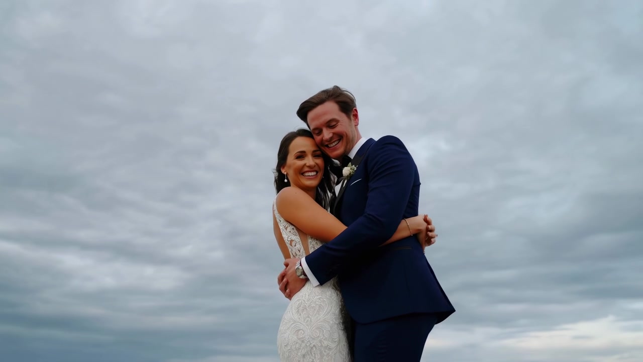 Novios bajo un cielo nublado, pareja sonriente abrazándose en un paisaje azotado por el viento. Novia con vestido de encaje, novio.